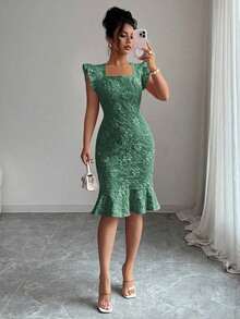 Vestido elegante de jacquard para ir al trabajo, verano - Verde Oscuro - Ver 7