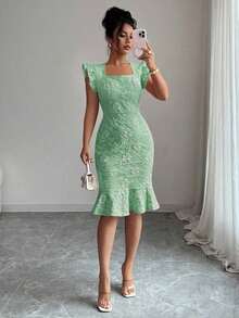 Vestido elegante de jacquard de cuello cuadrado y manga corta para uso diario, verano - Verde Claro - Ver 7
