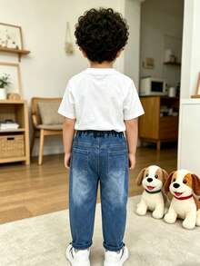 Young Boy Solid Color Elastic Casual Denim Jeans Pants, Spring - Blue - View 4