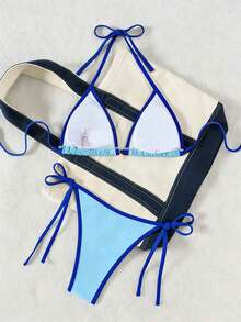 Random Floral Print Bikini Set For Beach Vacation - Blue - View 2