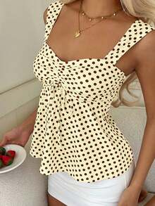 Nueva Colección Primavera/Verano 2026 para Mujer: Blusa/Top sin Mangas con Volantes y Cordón Ajustable, Estampado de Lunares Marrones, Estilo Casual y Versátil, Top de Verano - Amarillo - Ver 3