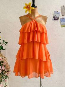 Nuevo vestido elegante y romántico para invitados de boda, de unicolor, con espalda descubierta, multicapa con volantes de gasa, minivestido, adecuado para estilo bohemio, boho, flores románticas, vacaciones, fiestas florales, citas, San Valentín, - Naranja Coral - Ver 7
