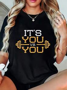 Playeras Oversize de Verano Plus Size Its You Vs You, Holgadas, Gráficas - Negro - Ver 1