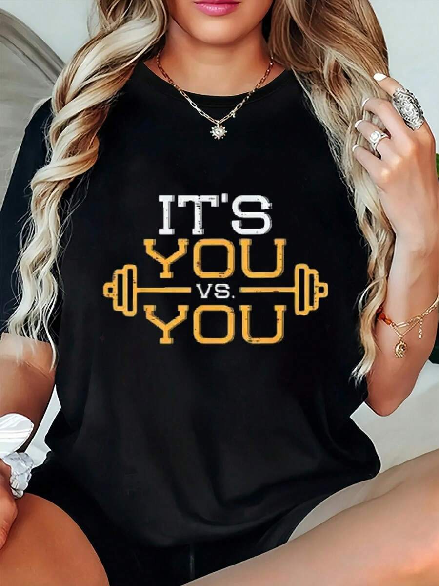 Playeras Oversize de Verano Plus Size Its You Vs You, Holgadas, Gráficas - Negro - Ver 1