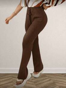 High-Waisted, Straight-Leg Knit Pants With Drawstring; Stylish, Versatile, Warm, And Casual. - Dark Brown - View 1