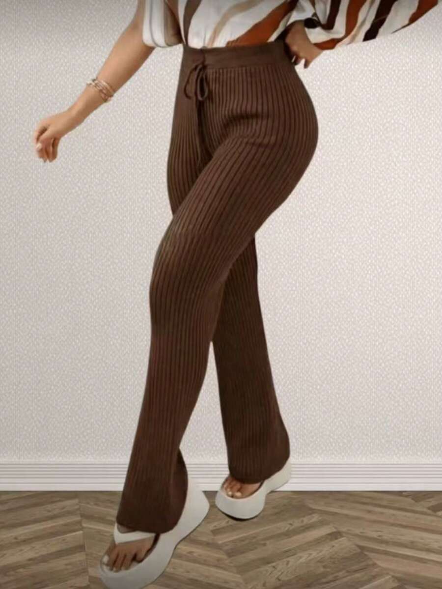 High-Waisted, Straight-Leg Knit Pants With Drawstring; Stylish, Versatile, Warm, And Casual. - Dark Brown - View 1
