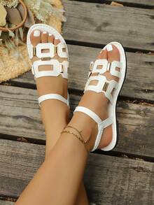 Women's Elegant Casual Flat Open-Toe Sandals, Fashionable Gold Studded Decor, Elastic Ankle Strap, Comforable Lightweight Breathable Summer Gladiator Sandals For Outdoor, Beach, Vacation, Daily Commute & Party - White - View 1