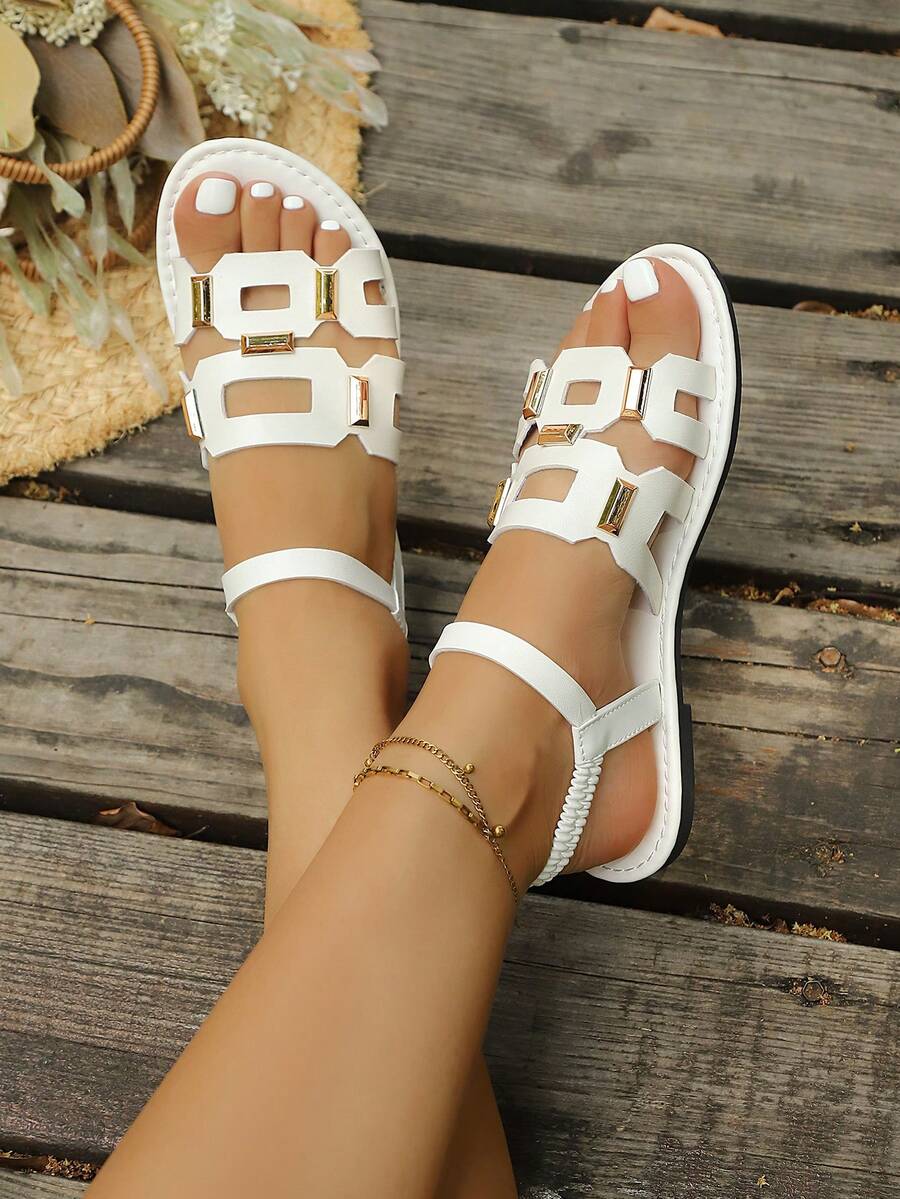 Women's Elegant Casual Flat Open-Toe Sandals, Fashionable Gold Studded Decor, Elastic Ankle Strap, Comforable Lightweight Breathable Summer Gladiator Sandals For Outdoor, Beach, Vacation, Daily Commute & Party - White - View 1