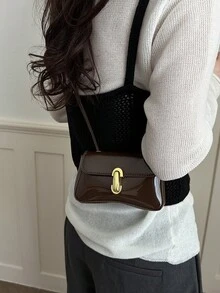Women's Mini Shiny PU Crossbody Bag, Retro Curved Flap Design, Metal Lock Closure, Adjustable Strap, Fashionable For Daily And Party Wear - Coffee - View 3