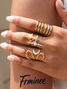 Frminee 3pcs/1pc Summer Gold Jewelry Stainless Steel Ring For Women, Stackable Western Jewelry, Accessories For Women, Suitable For Daily Vacation, Beach Accessories For Women - Multicolor - View 2