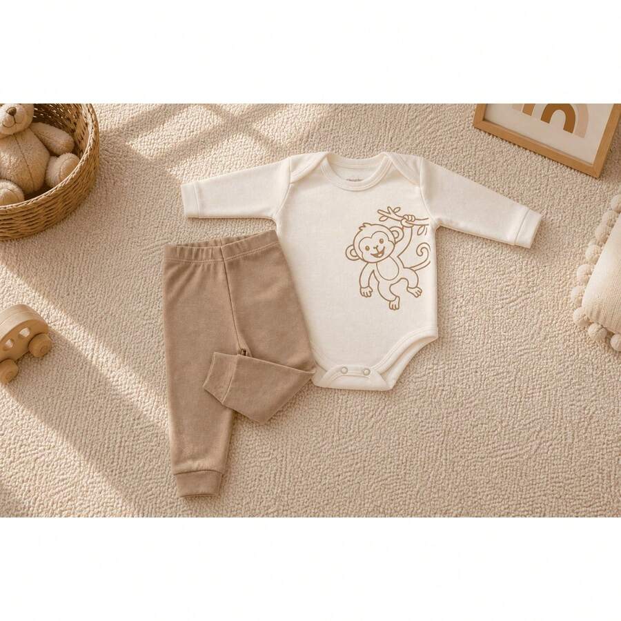 Baby 2-Piece Set: Long-Sleeved Bodysuit + Pants, 100% Cotton Suedine, Safari Animal Print (Tiger, Monkey, Hippopotamus), Unisex, Newborn To Extra Large, Neutral Beige, Maternity Set, Baby Clothes - 猴 - 查看 1