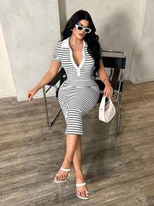 Vestido camisero de mujer de estilo casual, elegante y de negocios, con rayas negras y blancas.Vestido midi de punto elástico y ajustado.Vestido chic francés a rayas en blanco y negro.Vestido midi a rayas.Vestido midi ajustado a rayas.Vestido de verano de mujer con cuello a rayas. - Multicolor 4 - Ver 6
