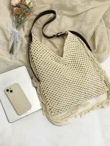 Vintage Hollow Tassel Woven Shoulder Bag, Adjustable Strap, Minimalist Elegant Commuting Tote Bag, Lightweight - White - View 5
