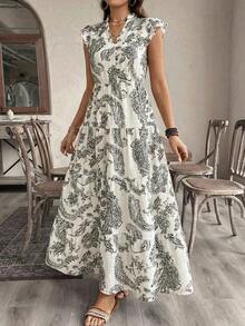 Vestido elegante de manga corta con estampado floral de anacardo de estilo bohemio para vacaciones, adecuado para citas - Negro - Ver 5