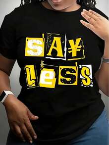 Camiseta clásica de puro algodón, estampada con las palabras "Say Less", cuello redondo estilo urbano, corte regular, tejido de punto de verano, 180 gramos - patrón de letras en negro y amarillo. Éxito de . - Negro - Ver 7