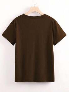 Blusa de mujer de manga corta con cuello redondo en azul marino con estampado versátil de leopardo y cereza - Café integral - Ver 2