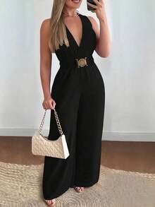 Elegante mono de pierna ancha con escote en V cruzado, hebilla de metal en la cintura, para mujeres en vacaciones - Negro - Ver 3