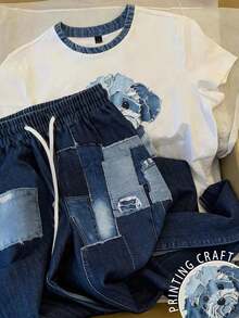 Conjunto informal de 2 piezas de mujer con camiseta de rayas y pantalones de unicolor, para verano - Multicolor - Ver 8