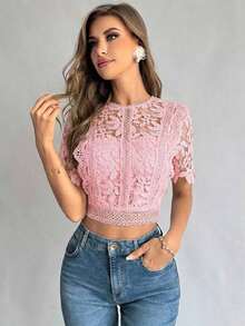 Camiseta de verano para mujer de encaje transparente con camisa, top de manga corta - Rosa vieja - Ver 2