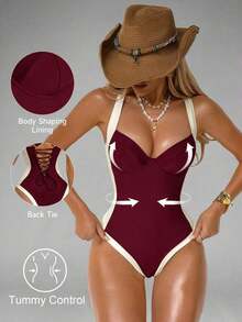 de baño de una pieza con control de abdomen, con abertura lateral, push-up y efecto estilizante, en marrón y beige para mujer - Burdeos - Ver 1