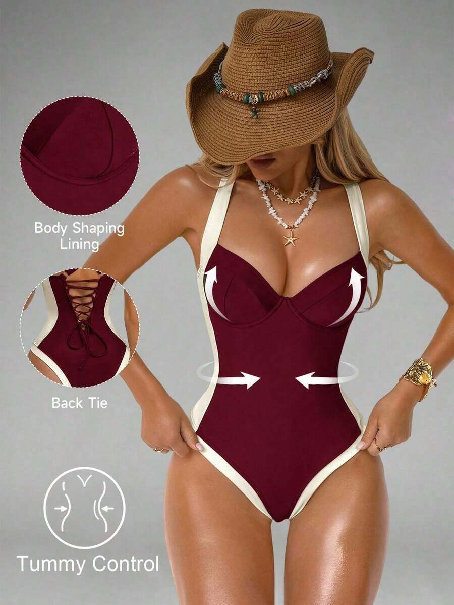 de baño de una pieza con control de abdomen, con abertura lateral, push-up y efecto estilizante, en marrón y beige para mujer - Burdeos - Ver 1
