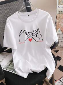 Short-Sleeved T-Shirt With Round Neck, 100% Cotton,  Print, Lightweight And Breathable Fabric, Casual Fashion Style, Suitable For Daily Life, Casual Outings And Dates In Spring, Summer And Autumn - 白色 - 查看 1