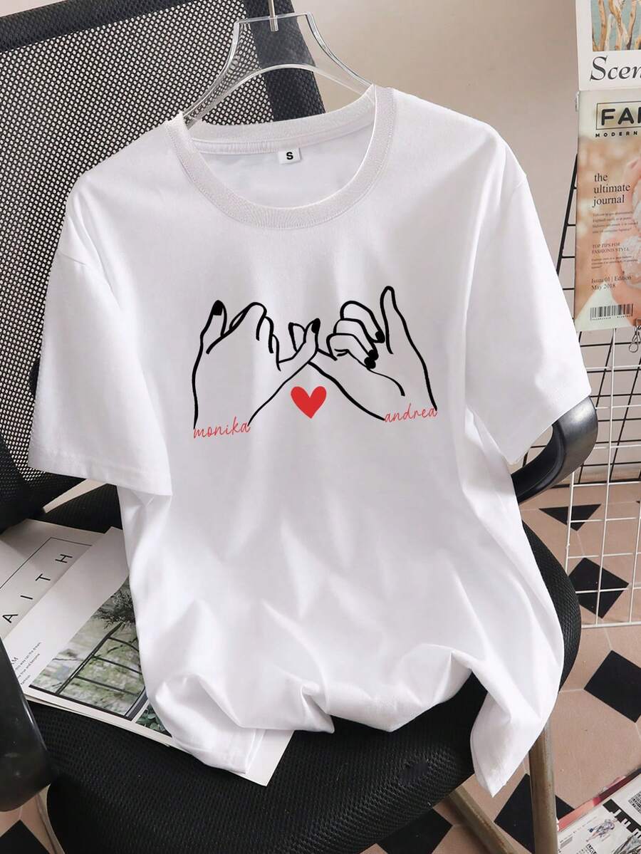 Short-Sleeved T-Shirt With Round Neck, 100% Cotton, Print, Lightweight And Breathable Fabric, Casual Fashion Style, Suitable For Daily Life, Casual Outings And Dates In Spring, Summer And Autumn - 白色 - 查看 1