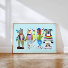 1幅彩色滑板动物墙画，可爱犀牛、狐狸、猴子、考拉帆布画，趣味动物海报，梦幻般的儿童房、卧室、客厅、公寓、宿舍装饰画，无框，送给她的礼物 - 彩色 - 查看 3