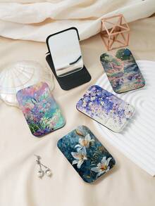 1pc Floral Countryside Oil Painting Style Compact Folding Makeup Mirror, Lightweight Durable PU Leather, Suitable For Travel, Gatherings, Work, School, All Ages - Multicolor - View 2
