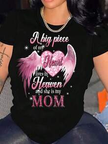 100% cotton Con el dibujo de alas de ángel y la frase "Acompañando a mamá en el cielo" - Regalo de color rosa suave, adecuado para la primavera y el otoño.Camiseta casual de cuello redondo, lavable en máquina. - Negro - Ver 6