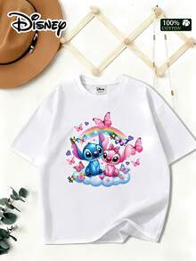 [Disney] Women's T-Shirt, Men's And Women's Short Sleeve, Featuring The Pattern "Star Baby: Stickers And His Companion Angelique" From Disney, 100% Pure Cotton, Comfortable And Breathable, Suitable For Summer Leisure, Vacation, Play, Daily Wear, Suitable For Both Men And Women, Cartoon Print T-Shirt - 白色 - 查看 1