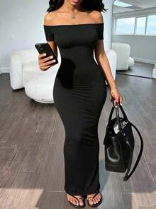 Vestido elegante de unicolor con hombros descubiertos y mangas cortas ajustado para mujer - Negro - Ver 6