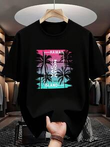 Tropical Style Summer-Shirt |   Retro Sketch Pattern |   Gradient Background |   Vertical Text Hawaii Island |   Vacation Theme |   Fashion |   4 Colors - 黑色 - 查看 1