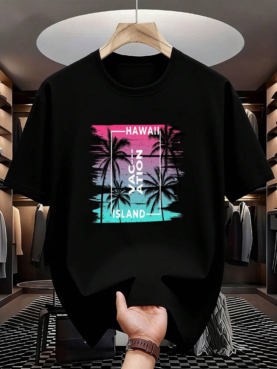 Tropical Style Summer-Shirt | Retro Sketch Pattern | Gradient Background | Vertical Text Hawaii Island | Vacation Theme | Fashion | 4 Colors - 黑色 - 查看 1