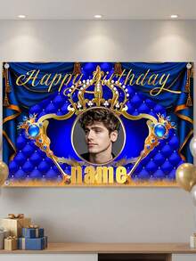 1pc Customizable Polyester Birthday Party Backdrop - Personalized Luxury Blue And Gold Design With Elegant Gold Letters, Includes Personal Photo And Name, Customized Gift, Flag, Custom Banner, Custom Sign, Photography Background - Multicolor - View 4