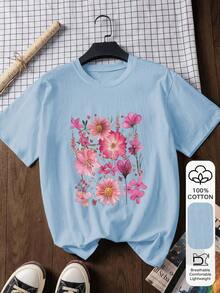 Women's Short-Sleeved T-Shirt, 100% Cotton, With Letter Print, Casual Summer Style, Graphic T-Shirt, Soft Fabric, Cotton Clothing, For Outdoor Use, With Printed Design, Summer T-Shirt, Women's Blouse, Vacation Outfit, Travel Style, Beach Style. - 淺藍色 - 查看 5