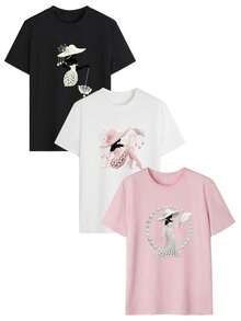 1 pieza/Set de camiseta de manga corta con cuello redondo y estampado de perlas para mujer, estilo casual y moderno, versátil y elegante para el verano. - Blanco - Ver 2