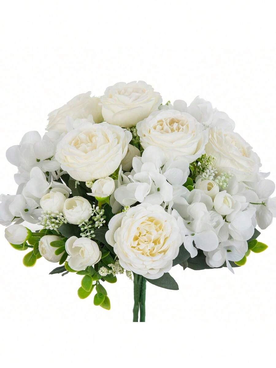 1pc/3pcs Pink Faux Hydrangea Peony Rose Bouquet, Suitable For Home Decor, Wedding Bridal Bouquet, Valentine's Day Gift - White - View 1