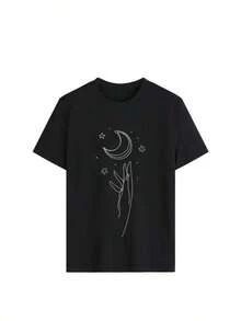 Envío gratis, entrega local enéxico, entrega en 4 días. Camiseta de manga corta para mujer, cuello redondo,% algodón, corte holgado, estilo casual y versátil con un estampado moderno. - Negro - 4 - Ver 5
