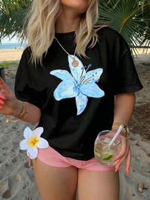Mujeres Talla grande Camiseta de manga corta con cuello redondo con estampado gráfico minimalista casual de calle con flores y lentejuelas de cereza del Y2K - Negro - Ver 6
