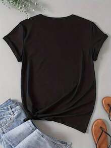 1 pieza Camiseta sexy de talla grande para mujer, novedosa, 100% poliéster, informal, de cuello redondo, con estampado gráfico, de manga corta, estilo oversize 2026 - Negro - Ver 3