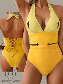 Traje de baño de una pieza con control de abdomen, estilo minimalista de unicolor, con escote halter y espalda descubierta, para vacaciones de verano en la playa - Amarillo - Ver 1