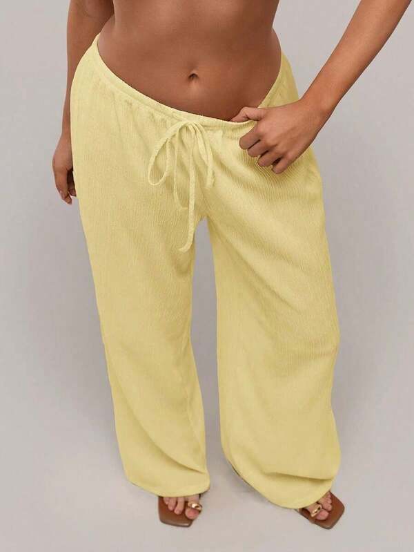 Pantalones anchos casuales de cintura con cordón de unicolor para mujer