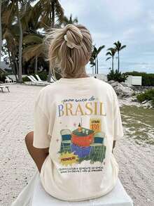 [Impresión a Doble Cara] Ropa de Verano para Mujer, Camiseta Casual para Mujer, Estilo Vintage, Estampado con la Frase "Puro Suco Do BRASIL", Manga Corta, Cuello Redondo, Algodón Puro, Talla Grande, Camiseta de Hombros Caídos [Lan] - Albaricoque - Ver 4