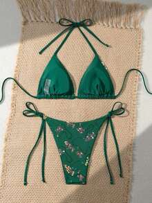 Costavie Swim Mod-D, Conjunto de Bikini Sexy de 2 Piezas con Lentejuelas Coloridas, Tela Especial, Sujetador de Copa Triangular y Braguitas con Lazos Laterales, Primavera/Verano - Morado - Ver 10