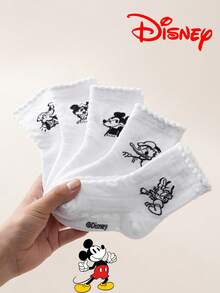 Disney 10/5/1 双迪士尼卡通人物中筒袜，迪士尼标志黑白复古线条艺术印花，荷叶边透气棉袜，学生日常穿着，春夏透气吸湿 - 彩色 - 查看 6