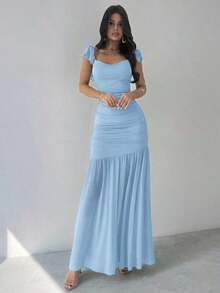 Vestido ajustado con volantes en el bajo, cintura anudada y malla verde elegante para mujeres, adecuado para fiestas, vacaciones, festivales de música, temporada de bodas, brunch, Día de San Patricio, vestidos largos bohemios para mujeres, Fairycore, atuendos de vacaciones, vestidos de graduación, atuendos de playa, atuendos de aeropuerto - Azul - Ver 8