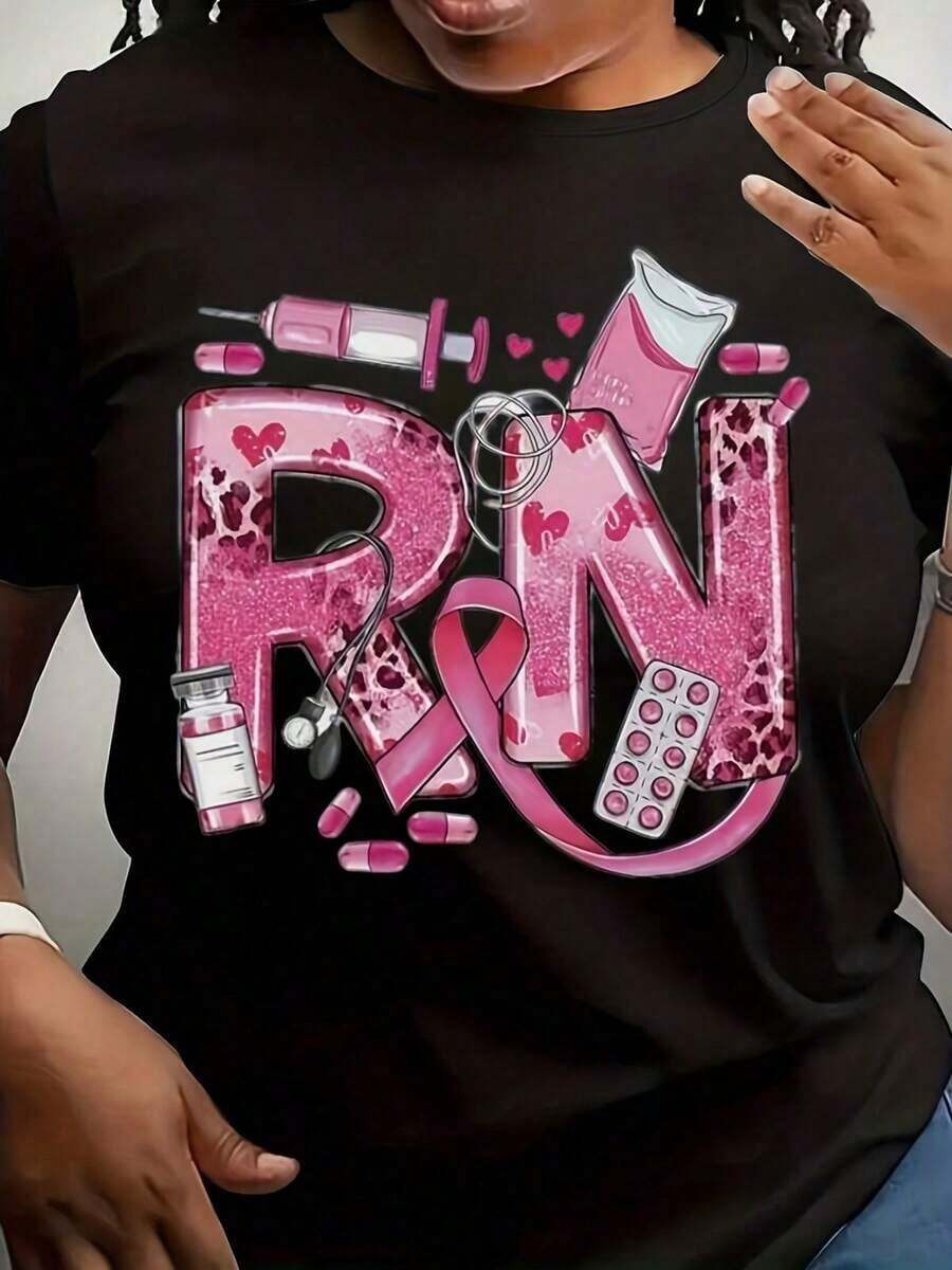 Camiseta para Enfermeras Autorizadas - Cinta rosa y letras RN, regalo para el sector de la salud, ropa para graduación de enfermería, camiseta casual transpirable adecuada para enfermeras autorizadas, enfermeras practicantes, asistentas de enfermería y enfermeras en ejercicio - comodidad durante todo el año, camiseta casual de manga corta y cuello redondo para mujer, adecuada para uso diario y viajes. - Negro - Ver 1