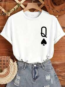 Round Neck T-Shirt With Poker Q Print, 100% Cotton, Casual Short Sleeve T-Shirt For Spring Summer, Women's Clothing - 白色 - 查看 6