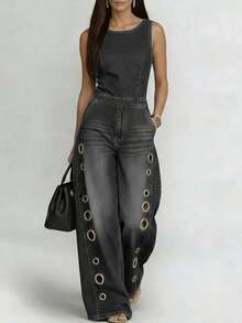 New Denim Jeans With Women's Metal Eyelets Design, Casual And Loose High Waisted Wide Leg Jeans - Black - View 3